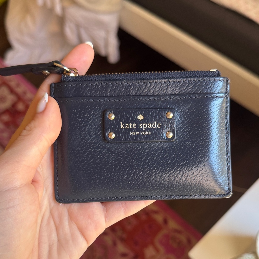 kate spade navy leather zip card case with gold-tone logo